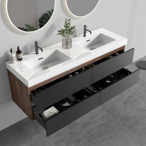 Grace 60-Inch Wall-Mounted Bathroom Vanity, Walnut and Black with Double Sinks