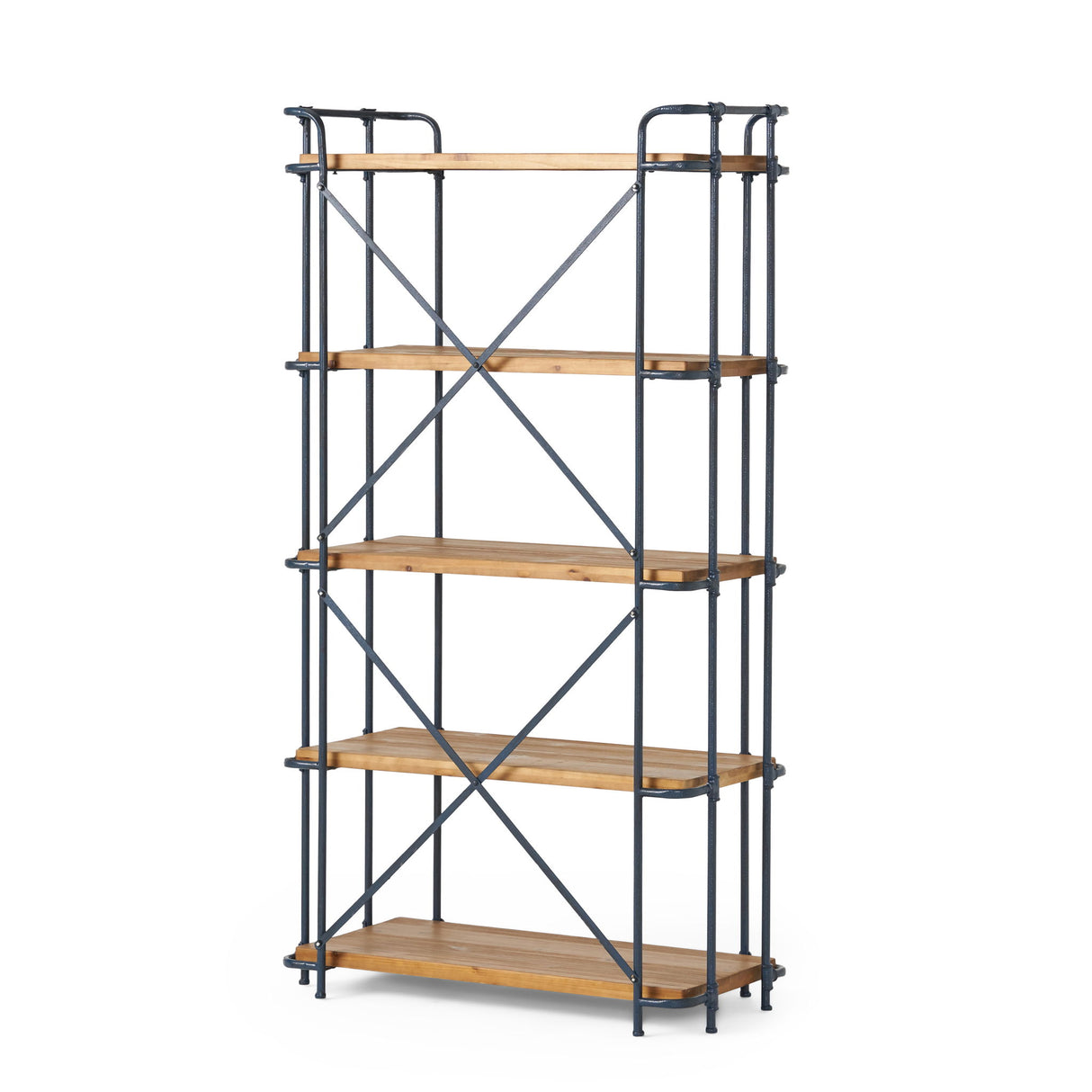 Yorktown - Industrial 5 Shelf Bookcase With Metal Pipework And Solid Fir - Natural