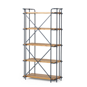 Yorktown - Industrial 5 Shelf Bookcase With Metal Pipework And Solid Fir - Natural