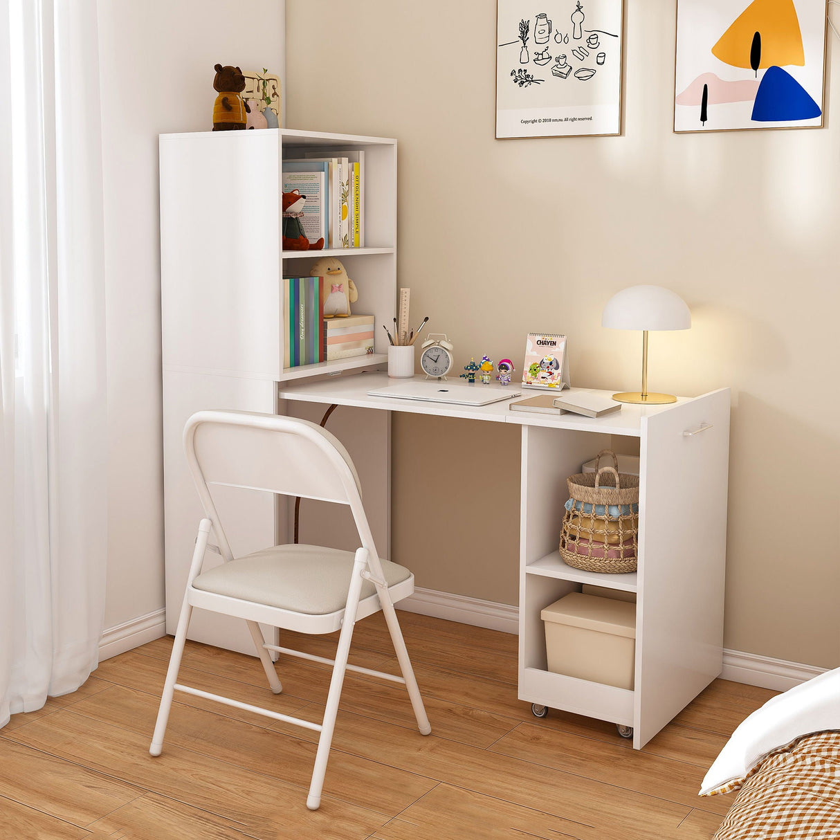 Stretchable Office Desk With Storage Shelves And Mobile Wheels