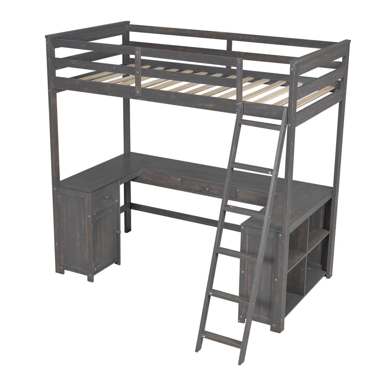 Loft Bed With U-Shaped Desk, Drawers, And Storage Shelves
