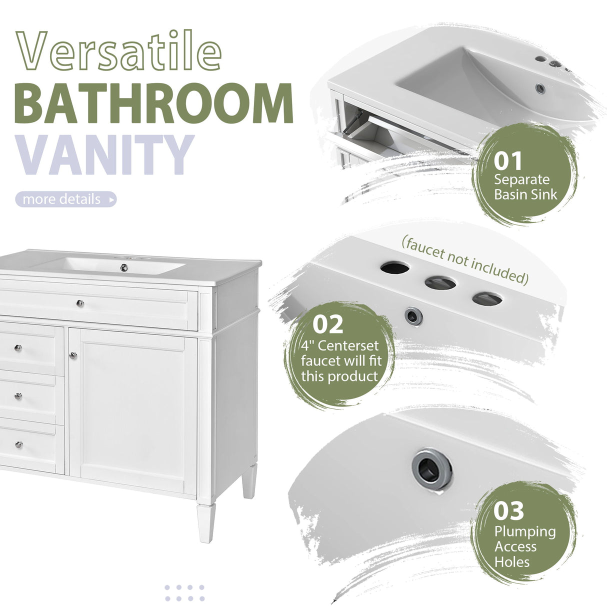 Bathroom Vanity With Mirror Cabinet, Single Sink With 2 Soft Closing Doors And 4 Drawers
