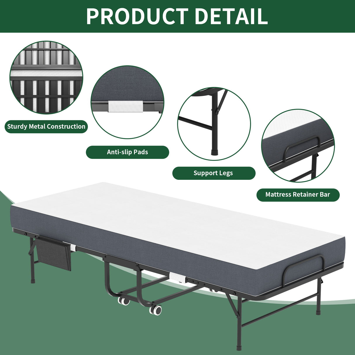 Twin Folding Bed With Memory Foam Mattress, Space Saving Rollaway Guest, On Wheels, Portable For Adults & Guests - Black