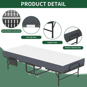 Twin Folding Bed With Memory Foam Mattress, Space Saving Rollaway Guest, On Wheels, Portable For Adults & Guests - Black