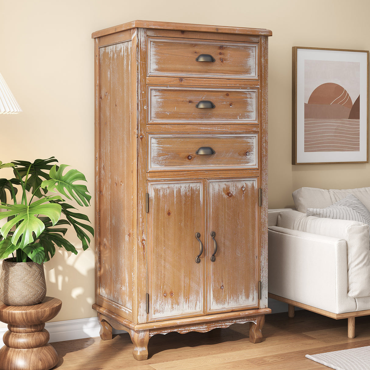 Rustic Wooden Storage Cabinet with Decorative Cutout Door & 3 Drawers