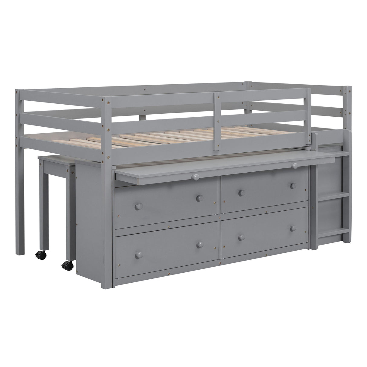 Loft Bed With Retractable Writing Desk And 4 Drawers, With Lateral Portable Desk And Shelves