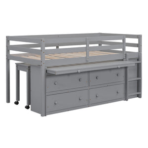Loft Bed With Retractable Writing Desk And 4 Drawers, With Lateral Portable Desk And Shelves