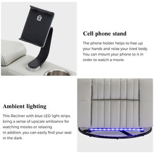270° Power Swivel Recliner Home Theater Chair With Hidden Arm Storage, LED Light, Cup Holder, And Tray Table