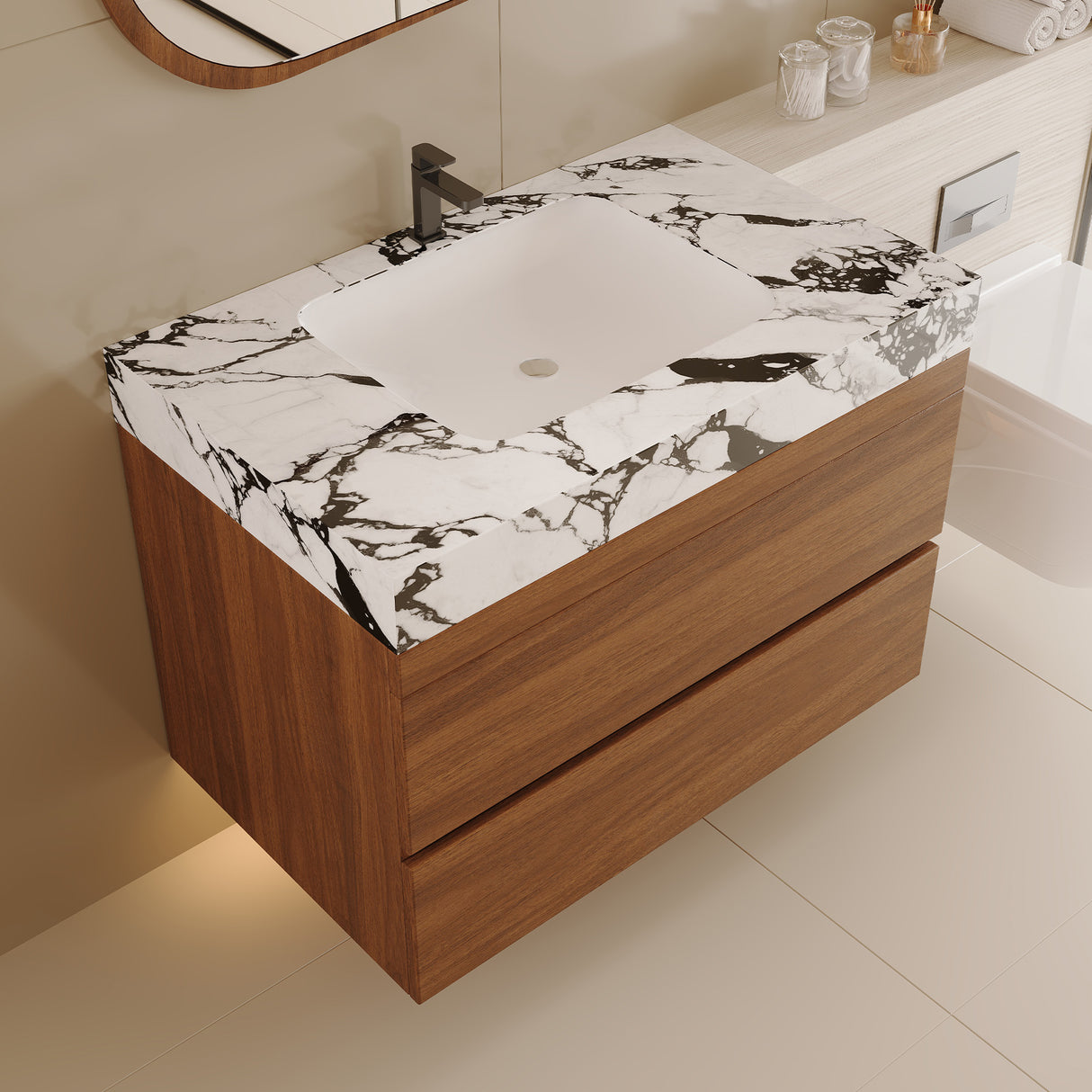 29.9" Modern Floating Bathroom Vanity with Faux Marble Top