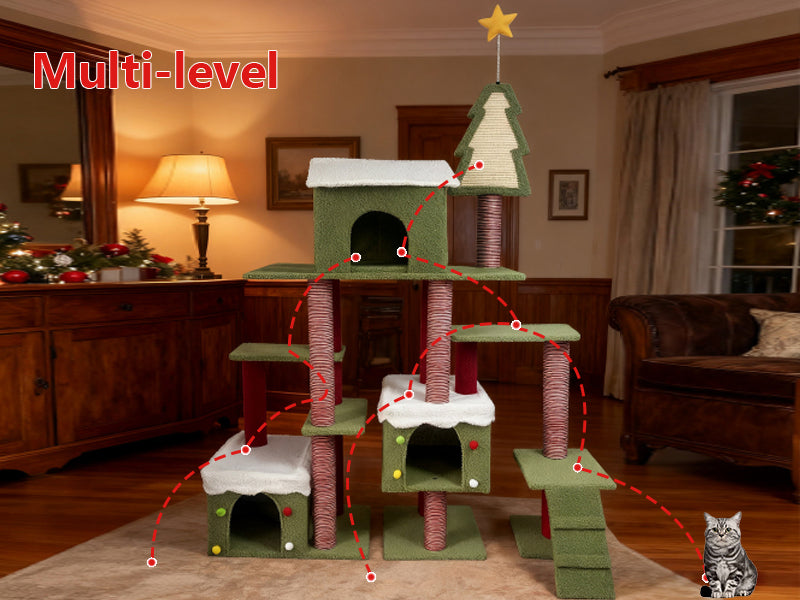 Wide Christmas Cat Tree Tower for Indoor Cats