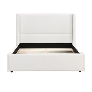 Elegant White Fabric Upholstered Wingback Bed, Queen