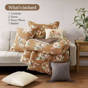 7-Piece Queen Vin Floral Comforter Set, Terracotta