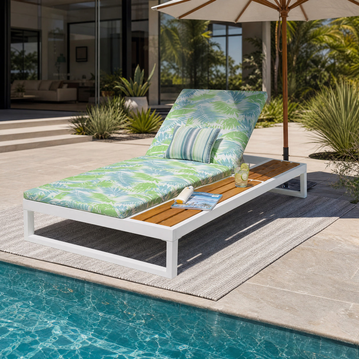 White Iron & Teak Finish Chaise Lounge Set