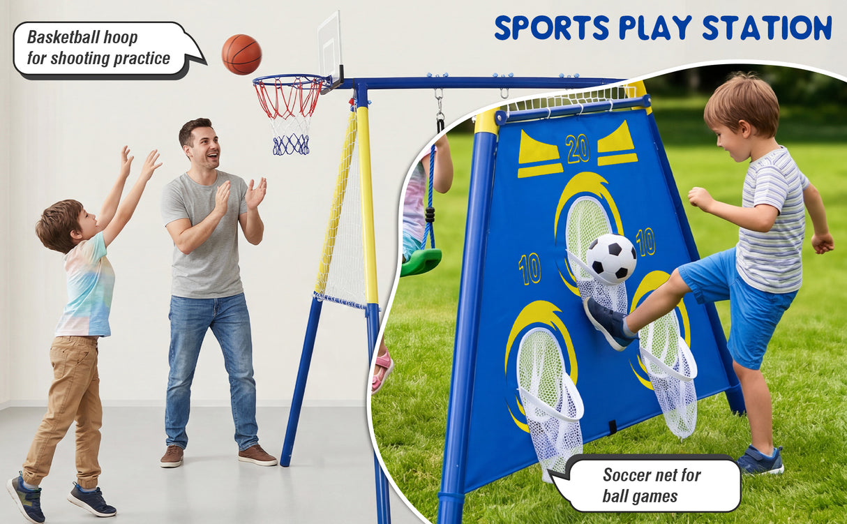 5-in-1 Kids Swing Set with Saucer Swing, Belt Swing, Basketball Hoop & Soccer Goal
