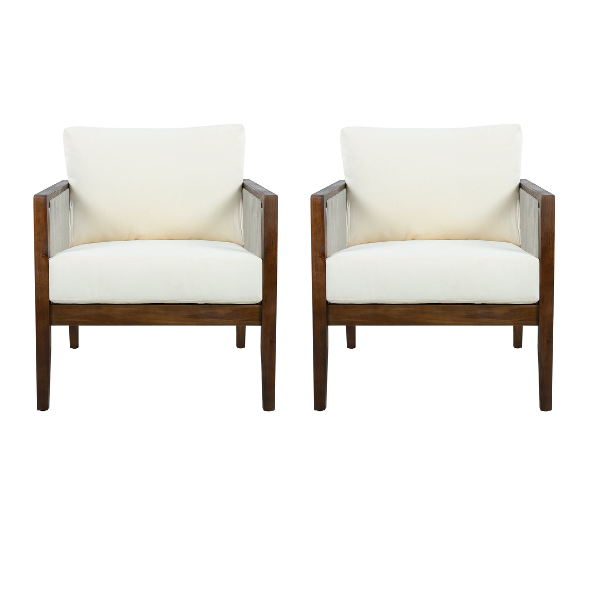 Outdoor Club Chairs (Set of 2), Acacia Wood Frame with Rope Back, Water-Repellent