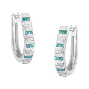 10k White Gold Round and Blue Baguette 1/2 cttw Diamond Hoop Earrings (I-J Color, I2-I3 Clarity)