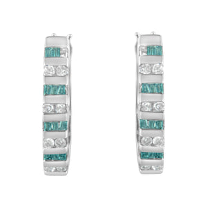 10k White Gold Round and Blue Baguette 1/2 cttw Diamond Hoop Earrings (I-J Color, I2-I3 Clarity)