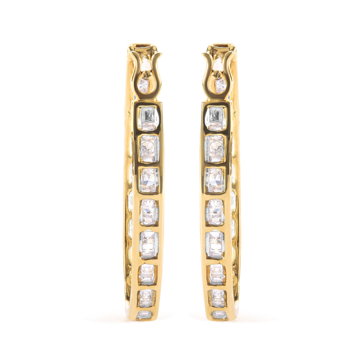 10K Yellow Gold 1.00 Cttw Round and Baguette-Cut Diamond U-Hoop Earrings (H-I Color, SI2-I1 Clarity)