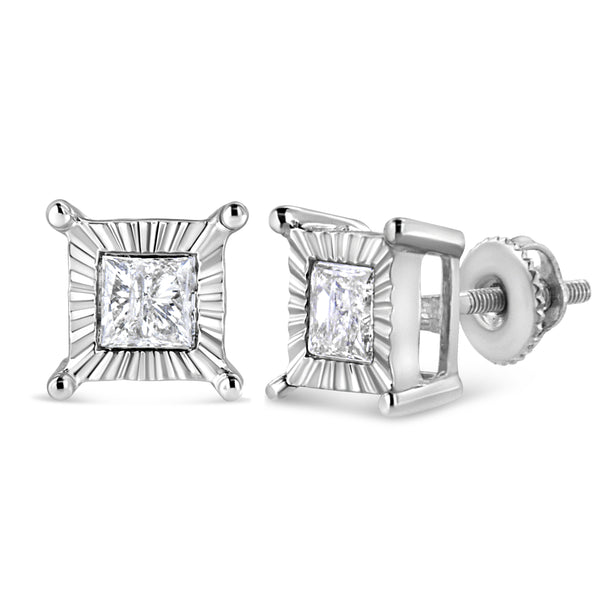 .925 Sterling Silver 1.0 Cttw Miracle Set Princess-cut Diamond Solitaire Stud Earrings (H-I Color, I2-I3 Clarity)