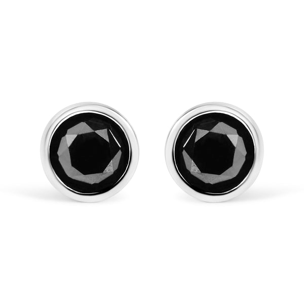 .925 Sterling Silver 4.00 Cttw Round Brilliant-Cut Black Diamond Bezel-Set Stud Earrings with Screw Backs (Fancy Color-Enhanced, I2-I3 Clarity)