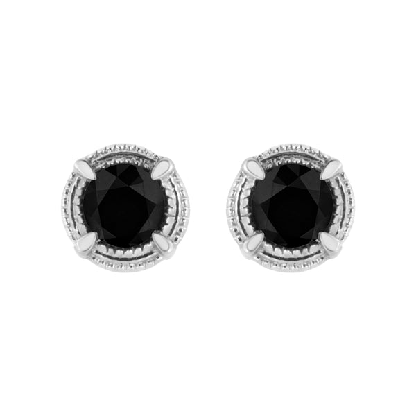 .925 Sterling Silver 1 cttw Treated Black Diamond Modern 4-Prong Solitaire Milgrain Stud Earrings (Black Color, I1-I2 Clarity)