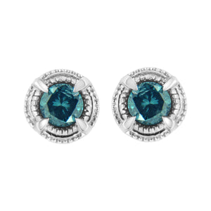 .925 Sterling Silver 1 cttw Treated Black Diamond Modern 4-Prong Solitaire Milgrain Stud Earrings (Black Color, I1-I2 Clarity)