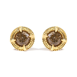 14K Yellow Gold Plated .925 Sterling Silver 1.0 Cttw Round Brilliant Cut Diamond Solitaire Milgrain Stud Earrings (K-L Color, I2-I3 Clarity)