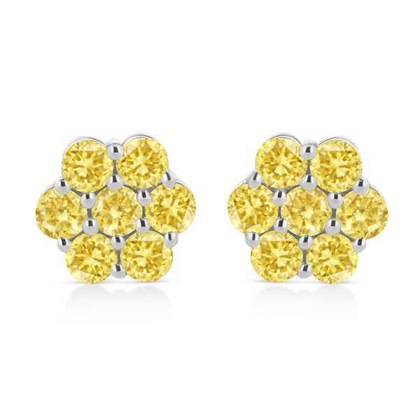 .925 Sterling Silver 1/4 Cttw Treated Yellow Diamond Floral Stud Earrings (Yellow Color, I1-I2 Clarity)