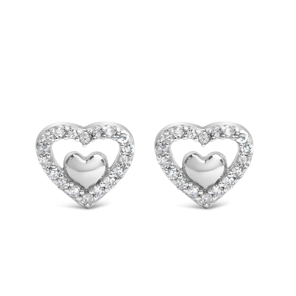 925 Sterling Silver 1/6 Cttw Diamond Open Double Heart Stud Earrings (I-J Color, I3 Clarity)