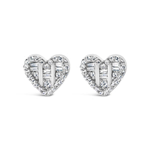 14K Yellow Gold Plated .925 Sterling Silver 1/2 Cttw Round and Baguette Diamond Composite Heart Shaped Stud Earring (I-J Color, SI2-I1 Clarity)