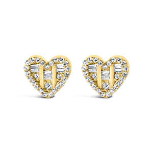 14K Yellow Gold Plated .925 Sterling Silver 1/2 Cttw Round and Baguette Diamond Composite Heart Shaped Stud Earring (I-J Color, SI2-I1 Clarity)