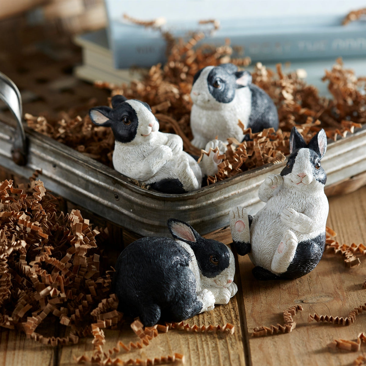 Black and White Playful Rabbit Figurine Set of 16