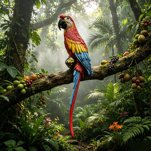 Hanging Scarlet Macaw Parrot Statue, 38'' Lifelike Hand-Painted Resin Bird Figurine Weatherproof Outdoor Tropical Sculpture for Porch, Balcony, Tree & Patio Garden Yard Decor, Cute Animal Ornament Gi