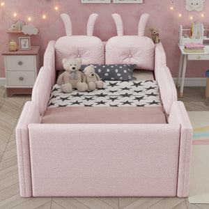 Twin Size Upholstered Platform Bed with Rabbit Cushion – Pink