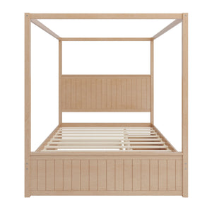 Queen Size Canopy Platform Bed With Trundle And 3 Storage Drawers, 4 Post, No Box Spring Needed - Natural
