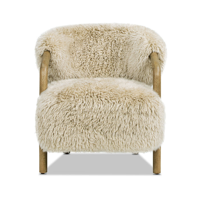 Rustic Oak Sheepskin Upholstered Arm Chair with Ergonomic Comfort - Taupe Beige