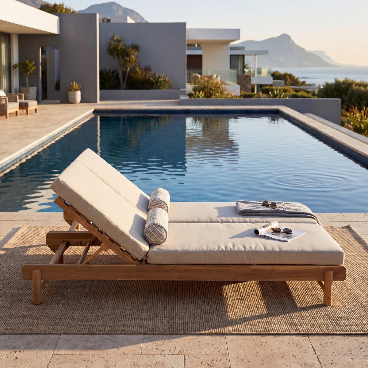 Light Teak Acacia Wood Double Chaise Lounger Set