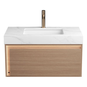 Nyah 36'' Bathroom Vanity & Sink, Floating Ultra-Slim Grille Plywood Cabinet, Drawer with Sensor Light, Carrara