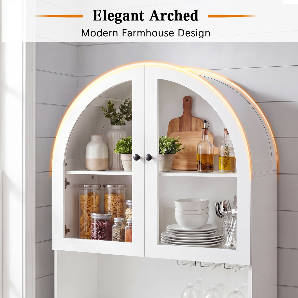 75" Farmhouse Tall Arched Pantry Cabinet with Charging Station