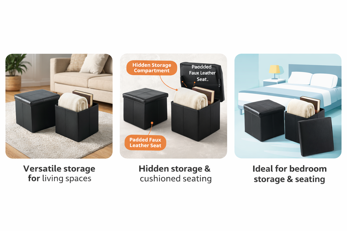 Folding Storage Ottoman Foot Rest Stool – Faux Leather Ottoman Bench with Hidden Storage for Books & Home Organization