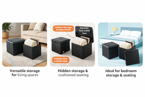 Folding Storage Ottoman Foot Rest Stool – Faux Leather Ottoman Bench with Hidden Storage for Books & Home Organization