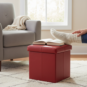 Folding Storage Ottoman Foot Rest Stool – Faux Leather Ottoman Bench with Hidden Storage for Books & Home Organization