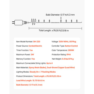 LED Christmas String Lights, 200 LED, 76 Ft Connectable Warm
