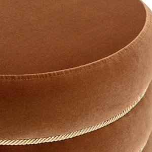 Edward 17.5" Round Upholstered Ottoman with Bullion Fringe Burnt