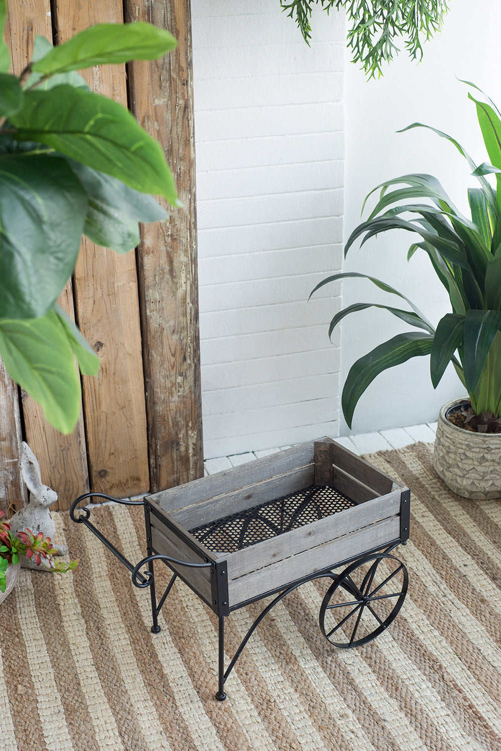 Black Iron and Pine Wood Plant Stand with Wheels