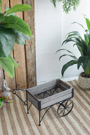 Black Iron and Pine Wood Plant Stand with Wheels
