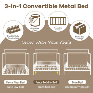 3 In 1 Convertible Montessori Floor Bed With Fenced Support