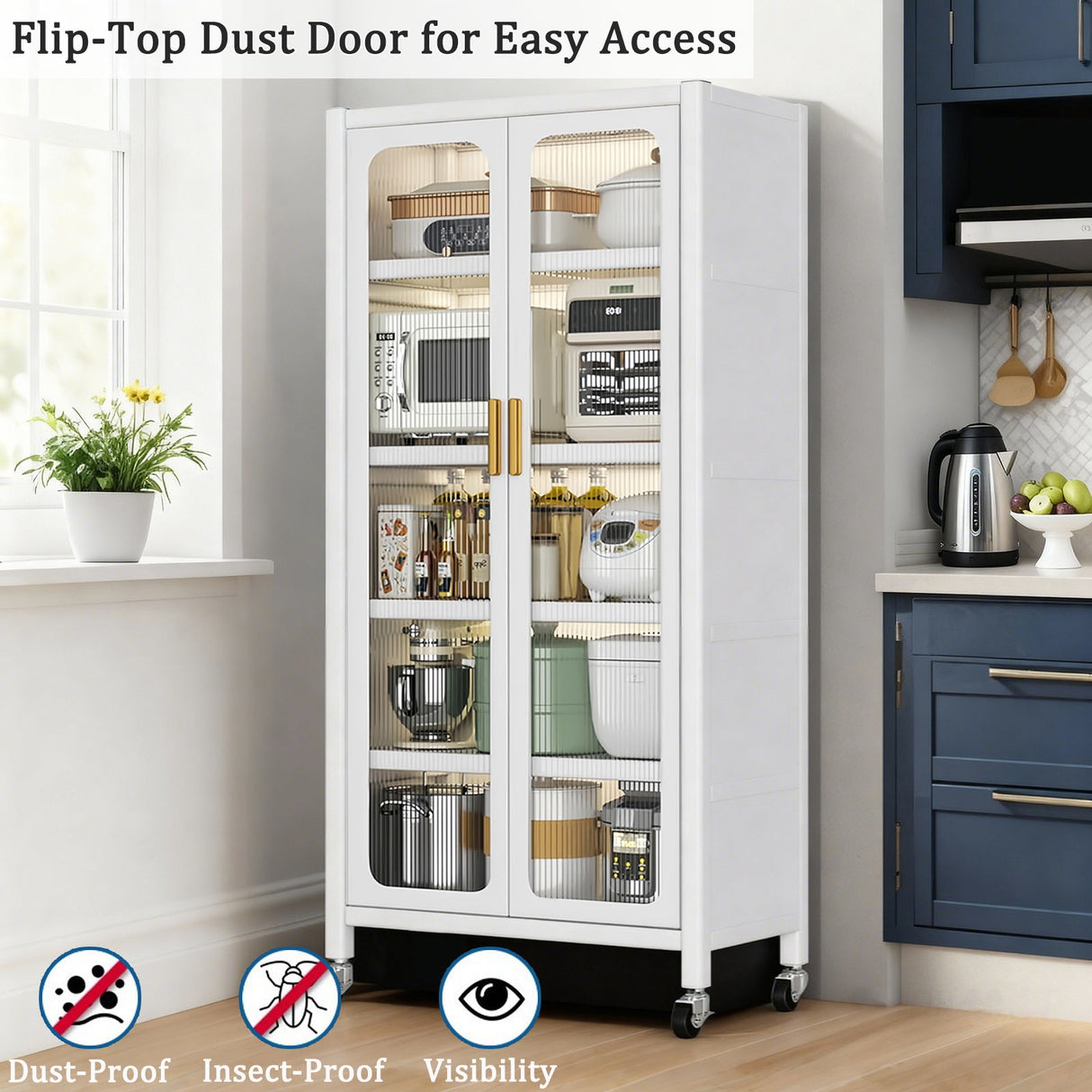 6 Tier Storage Cabinet With Transparent Door, Adjustable Shelves & Wheels