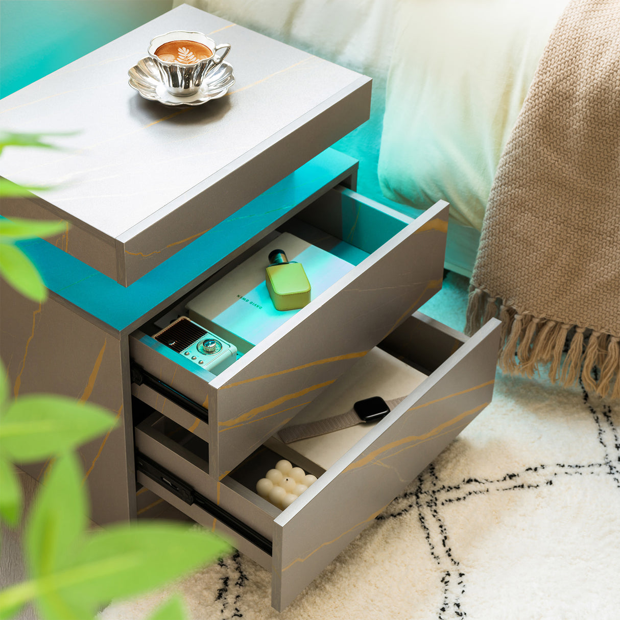 Modern LED Bedside Table with Two Drawers