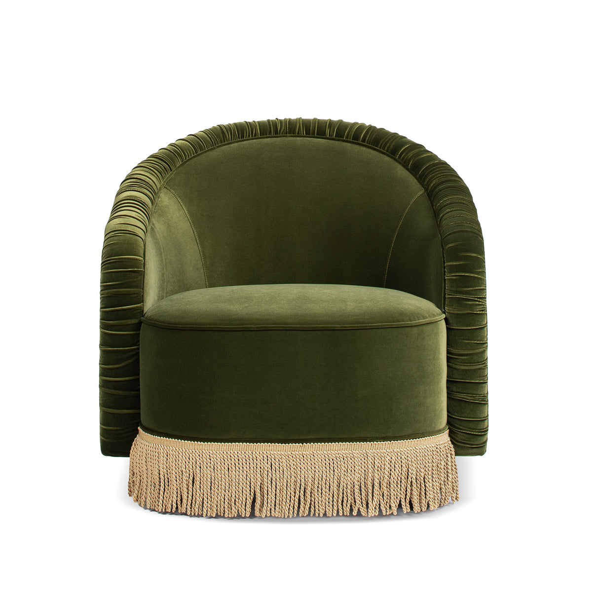 Serena 31.5" Ruched Barrel Back Accent Arm Chair with Bullion Fringe, Olive